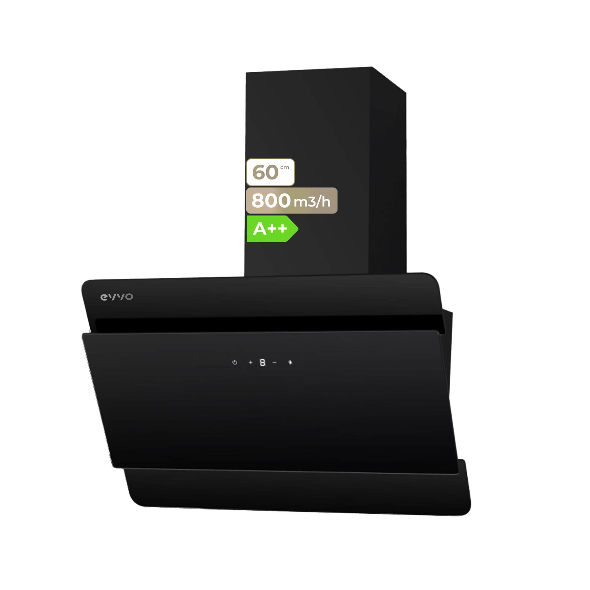 EVVO Campana Extractora 60 cm de Ancho Decorativa EVVO, Potencia 800 m³/h, Control táctil y Gestual, Filtro Aluminio y Carbón Activo, Eficiencia Energética A++