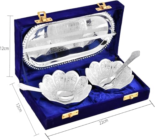 Image of Bowl Spoon Tray Set Silver Plated Dessert Dry Fruits Serving Diwali Christmas Eid Wedding Return Gifts Friends Family Housewarming Home Decoration Corporate (CKMSP)