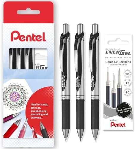 Pentel EnerGel XM BL77 Intrekbare vloeibare gel inktpen - 0,7 mm - 54% gerecycled - zwart, blauw, rood, groen en violet inkt - pak van 5 Pentel EnerGel XM BL77 Intrekbare vloeibare gel inktpen - 0,7 mm - 54% gerecycled - zwart, blauw, rood, groen en violet inkt - pak van 5