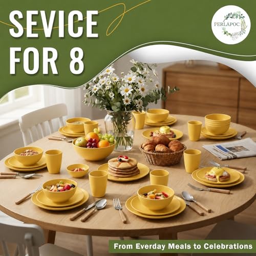 Image of 40 Piece Wheat Straw Dinnerware Sets for 8, Unbreakable Dish Set, Plates and Bowls Sets for 8, Lightweight Kitchen Dishware Set for Camping, Picnic, and Famliy Everyday Use - Yellow
