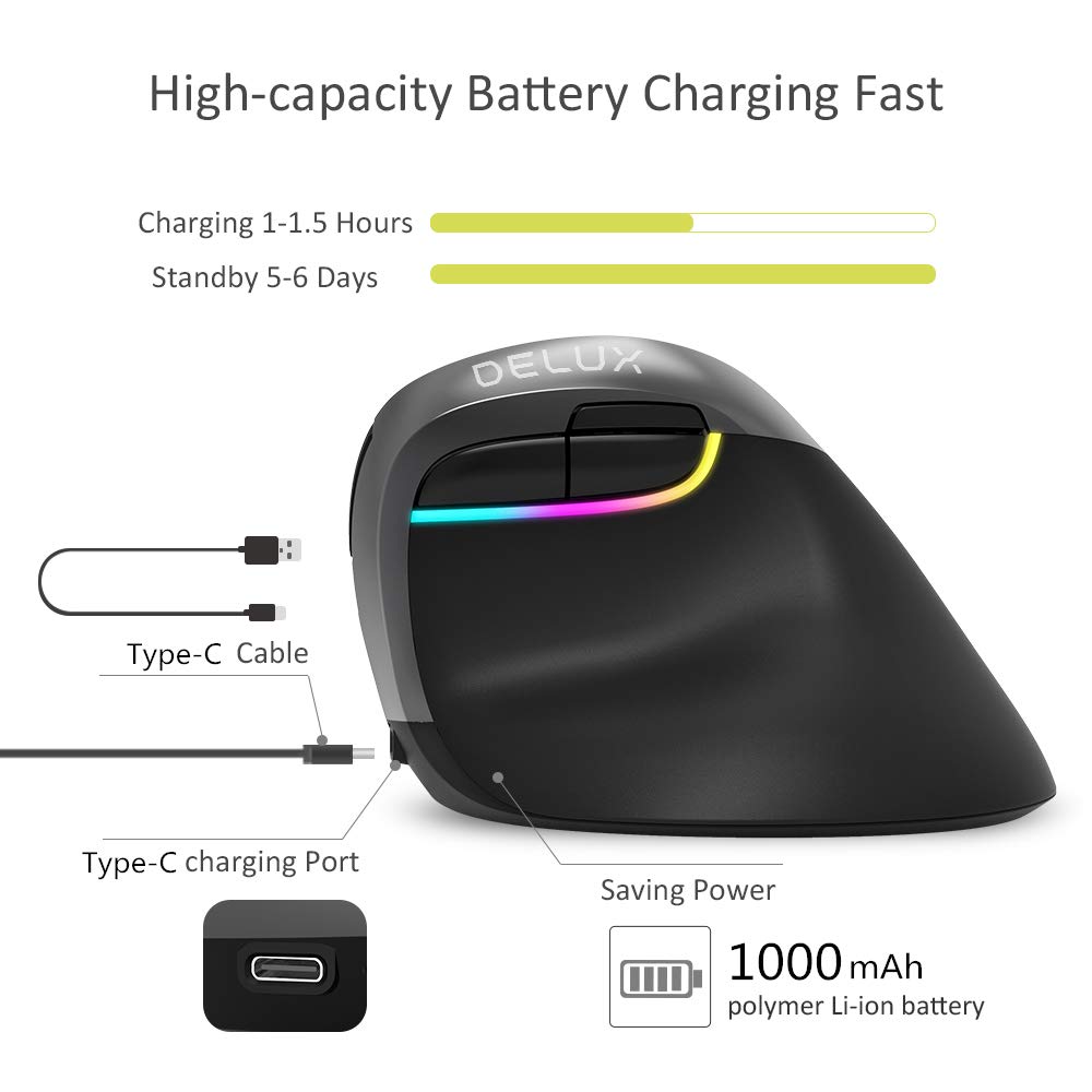 pionowa mysz bluetooth bezgłośna bezprzewodowa mysz ładująca podwójny tryb bluetooth 4.0 bezprzewodowy odbiornik usb 2.4 GHz do komputera i laptopa (czarny)