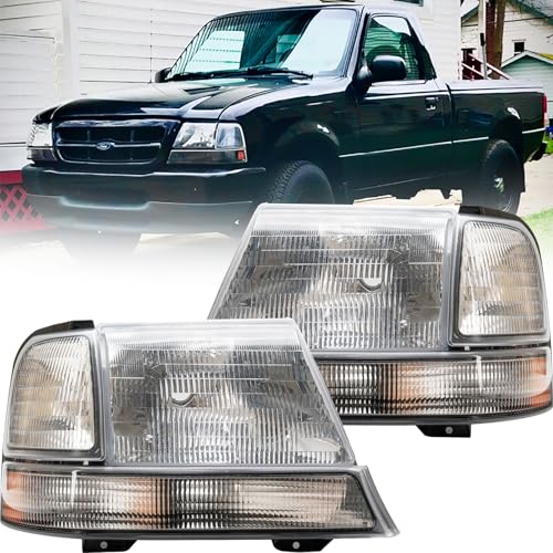 Front Headlight Assembly Compatible with 1998 1999 2000 Ford Ranger # FO2503115 FO2502119 Driver and Passenger Side Head Lights Chrome Housing Clear Corner