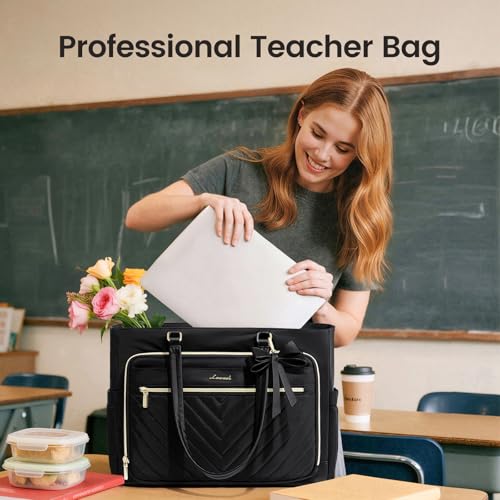 Image of LOVEVOOK Laptop Tote Bag for Women, Work Bag Teacher Tote with Large Cup Holder, Quilted Nurse Diaper Bag for Travel, Computer Women's handbags for Teacher gift, Black, 15.6 Inch