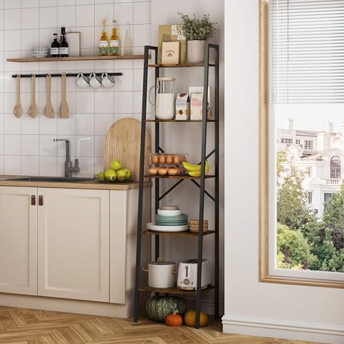 Image of Hoctieon Industrial Ladder Bookshelf, Multifunctional Ladder Shelf, 5-Tier Tall Bookshelf, Open Ladder Shelf Bookcase, for Living Room, Home Office, Kitchen, Bedroom, Metal Frame, Rustic Brown