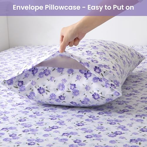 Image of Softan Puple Floral King Sheet Set, 4-Piece Microfiber Printed Fitted Sheet with 15 inch Deep Pockets & Non-Slip Straps, White Flower Patterned Bedding Sheets & Pillowcase Set