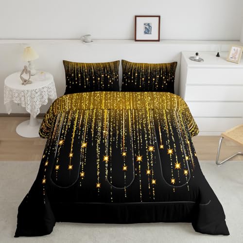 Feelyou Abstract Ombre Comforter Set Yellow Black Teens Bedding Set for Boys Girls Women Kids Modern Geometric Comforter Glitter Galaxy Stars Decor Quilt Set Bedroom Collection 2Pcs Twin Size