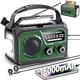 Solar Emergency Crank Radio with 16000mAh Power Bank - NOAA Weather Alert, Hand Dynamo, AM/FM Portable Radio, Bright Flashlight & Phone Charger for Power Outages, Camping, Survival Kits (Dark Green)