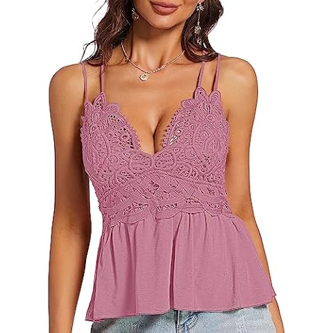 BSXIJIE Women Summer V-Neck Lace Cami Peplum Top Spaghetti Strap Sleeveless Lace Tank Top (XJ1039-Mauve-S) Cover
