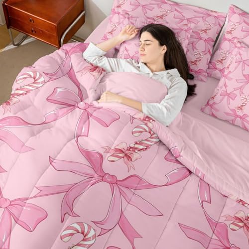 Image of Kawaii Full Size Bed Sheets and Comforter Set | Pink Bow 7-Piece Bedding Set Santa Sticks Candy Canes Bed in a Bag, Dreamy Ribbon Princess Bowknot Bed Sets,Cute Aesthetic Room Decor
