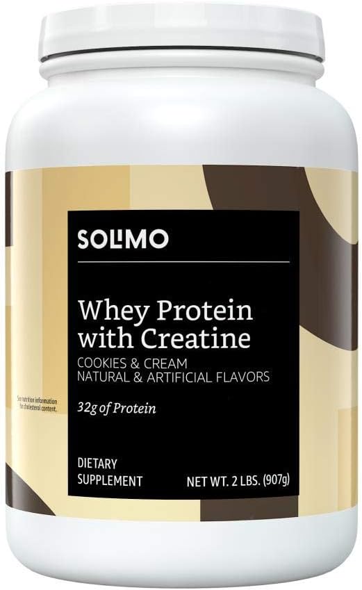 Amazon Brand - Solimo Whey Protein Powder with Creatine, Cookies & Cream, (18 Servings),2 Pound (Pack of 1)