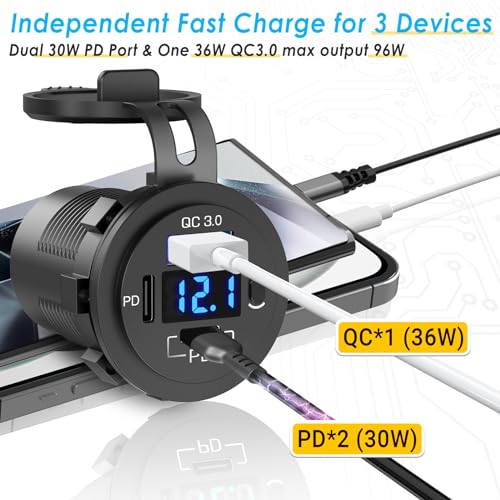 96W USB 12V Outlet 3 Port (with 2 Type c Cable): Multi USB C Car Charger Adapter Dual PD30W & QC3.0 Auto Cigarette Lighter Socket 12 Volt with Voltmeter Power Switch for Marine RV Boat Motorcycle ATV