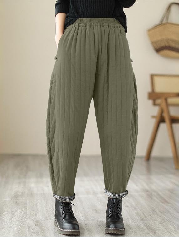 WROLEM Women Winter Warm Down Cotton Pants Thicker Padded Quilted Pants Relaxed Fit Wide Leg Trousers with Pockets - Image 2