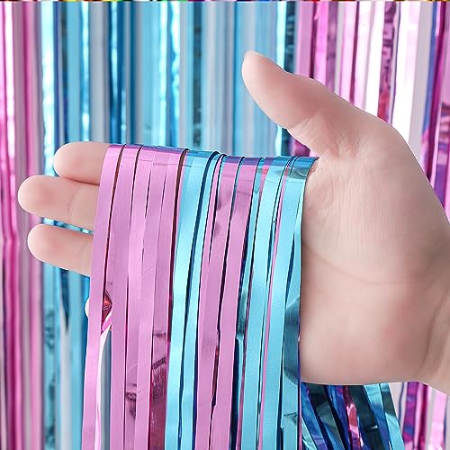 Image of Voircoloria 2 Pack 3.3x8.2 Feet Blue and Pink Foil Fringe Backdrop Curtains, Tinsel Streamers Birthday Party Decorations, Fringe Backdrop for Graduation, Baby Shower, Gender Reveal, Disco Party