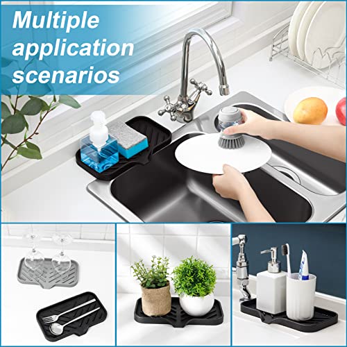 Image of SUBEKYU Silicone Kitchen Soap Tray, Sink Tray for Kitchen Counter /Soap Bottles, Sponge Holder and Organizer with Drain Spout, Black, [Size: 9.5 x 5 inch]