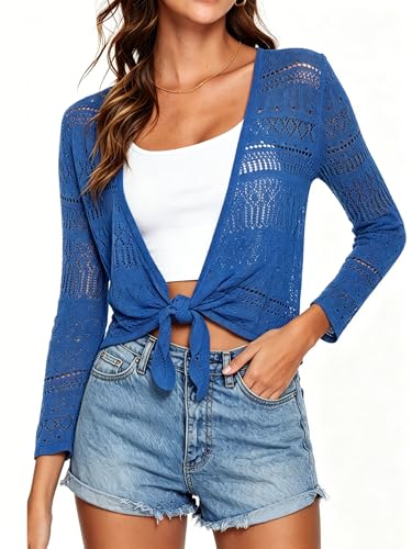Image of Spicy Sandia Tie Front Sheer Shrug 3 /4 Sleeve Cropped Crochet Cardigan for Summer Lightweight