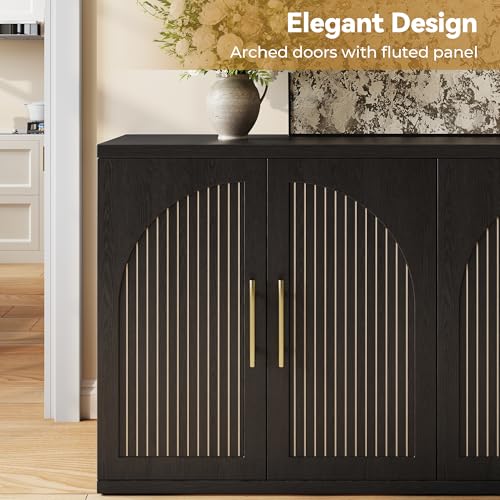 Image of MapleGrace 63 inch Fluted Buffet Cabinet with Storage, Modern Symmetrical Arched Sideboard Credenza with Adjustable Shelf, Elegant Wood Console Table for Dining Room, Kitchen, Living Room(Black)