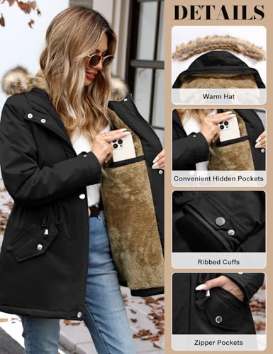 Vijamiy Winterparka Damen Warm Gefüttert Fleece Winterjacke Wasserdicht Wintermantel Winddicht Kapuzenmantel Mit Fell Lange parka(Schwarz,S)
