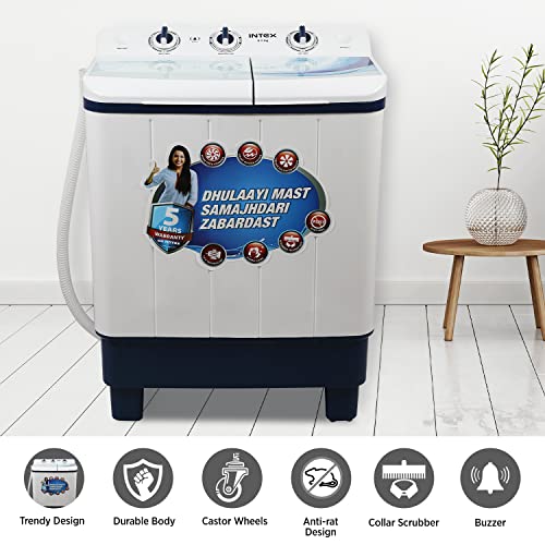 Image of Intex 6.5 KG Semi Automatic Top Loading Washing Machine with Premium Glass Lid (Wave Pulsator, Blue and White, SA65NBHG)