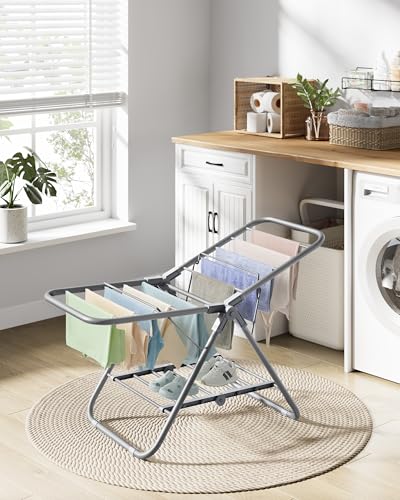 SONGMICS Suszarka na pranie, mała, składana, stojąca suszarka z 2 skrzydłami, zajmuje mało miejsca, metalowa, na małe ubrania, ręczniki, łazienka, balkon, 44 x 101 x 54 cm, kolor gołębi szary