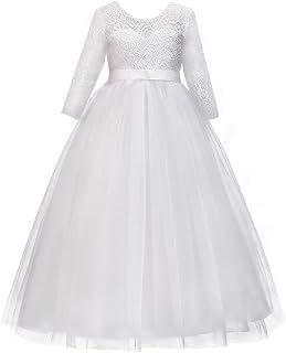 Flower Girls Long Lace Bridesmaid Dress 3/4 Sleeves Floor Length Wedding Party Evening Formal Pegeant Maxi Tulle Ball Gowns