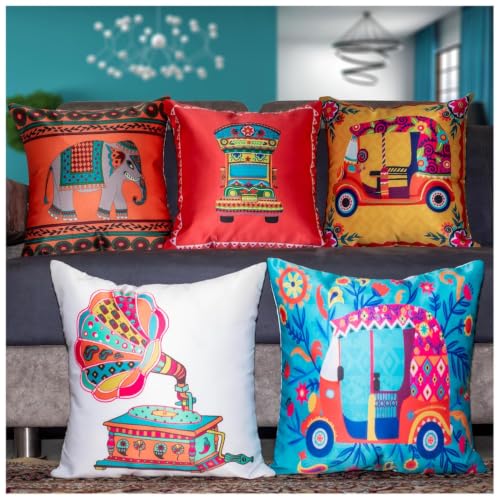 Image of Decorative Satin Sofa Cushion Covers Set of 5, 16 x 16 Inches, Multicolor Floral Printed Pillow Covers for Living Room, Bedroom, Couch & Sofa, Soft Glossy Fabric, Zipper Closure
