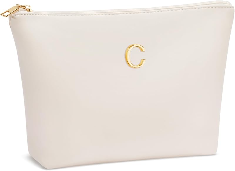 Necessaire de maquiagem CLOUDWINGS Bege-C com inicial metálica e zíper