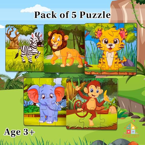 Image of 5 in 1 Wooden Animal Puzzle for Kids Age 2+ | Includes Storage Bag | Montessori Preschool Learning Toy | Jigsaw Puzzle Set for Toddlers | Educational Toy Gift for Boys & Girls (Pack of 5)