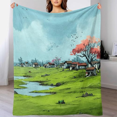 Couverture microfibre pastoral paysage impression 3D jeté de lit moelleux finition premium