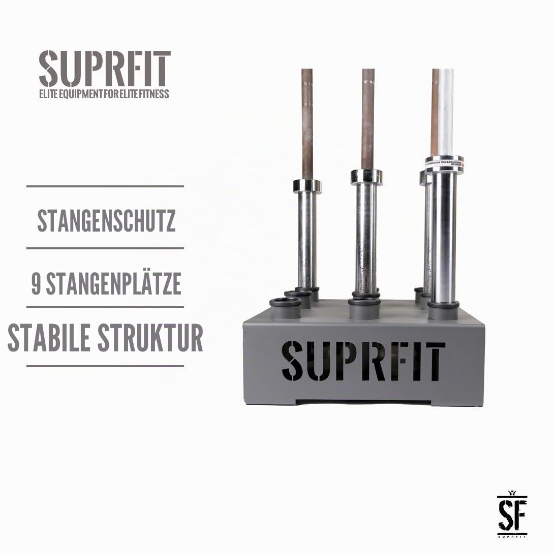 Suprfit Birger Hantelständer - vertikale Langhantelstangen Halterung für 9 Stangen, geeignet für Hantelstangen mit 50 mm Durchmesser, gummierte Bodenfläche, stabil und kippsicher, Stahl