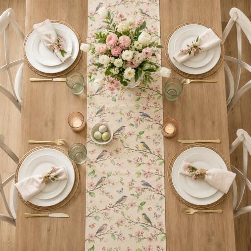Image of Vintage Botanical Birds Table Runner, Watercolor Floral Bird Butterfly Linen, Spring Garden Dining Decor for French Country Kitchen 13x36 Inch