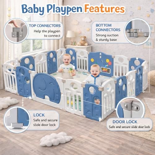 Image of 16 panel Playpen for Babies upto 5 year with Mat and Balls Foldable Baby Play Area Indoor Setup Play Yard Fence for Toddlers Kids Playarea Setup Outdoor Children Play Pen with Gate Baby Playpen(5*6 FT=30 SQFT Blue)