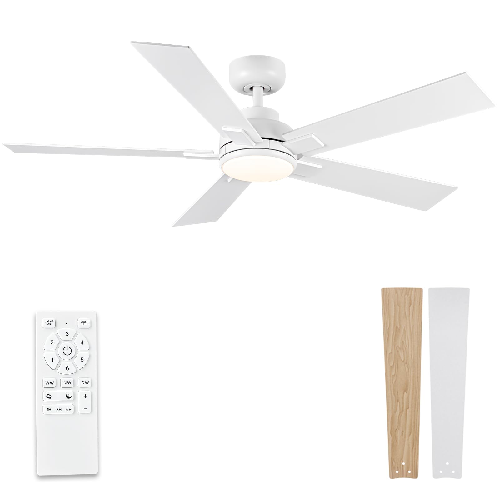Modern Ceiling Fans with Lights - 52 inch Outdoor White Ceiling Fan with Light and Remote, Reversible DC Motor, 6-Speed Quiet 3CCT LED Dimmable for