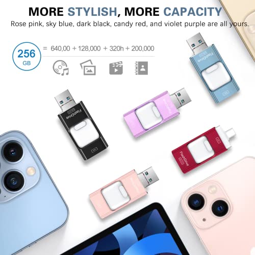 Flash Drive For Iphone 256Gb, 4 In 1 Usb Type C Memory Stick, Photo Stick External Storage Thumb Drive For Iphone Ipad Android Computer, Sky Blue #TOP4