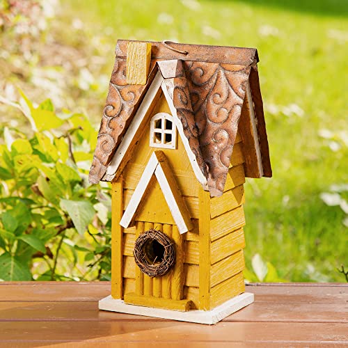 Glitzhome GH90085 Hängendes Vogelhaus aus Holz im Used-Look, Gelb