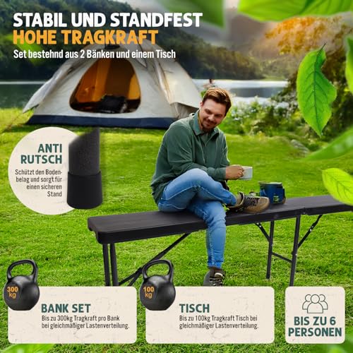 Devillo® Bierzeltgarnitur klappbar 3‑teilig – Tisch 180x74x72 cm + 2 Bänke 180x25x43 cm – Campingtisch, wetterfest & pflegeleicht, Anti‑Rutsch – mit Tragegriffen – für Camping, Garten – Anthrazit 4