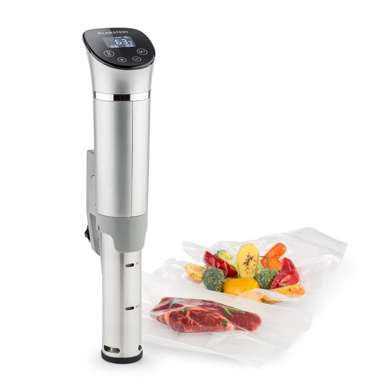 Klarstein Quickstick - Urządzenie sous-vide, Precyzyjny podgrzewacz, Wolnowar, 1300 W, Funkcja timera, 3D Circulating, 0-95 °C, Wyświetlacz dotykowy LCD, Wodoodporny, do 20 litrów, flex, srebrny