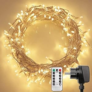 Lichtsnoer met 200 leds, 20 m, voor buiten, stroom 8 modi, met afstandsbediening, timer, waterdicht, voor binnen en buiten, decoratie voor balkon, tuin, slaapkamer, woonkamer, Kerstmis (warm wit)