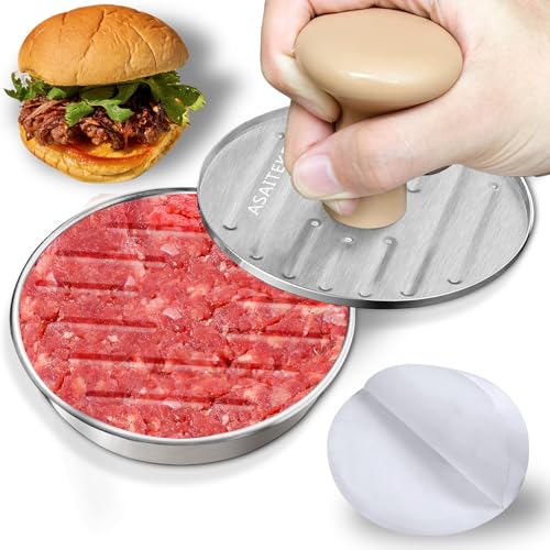 DSTHISAR Burger Press, 5”Stainless Steel Hamburger Press Patty Maker, Non-Stick Hamburger Press for Making Patties, for Grilling and Cooking, Comes with 100 Pieces of Wax Paper