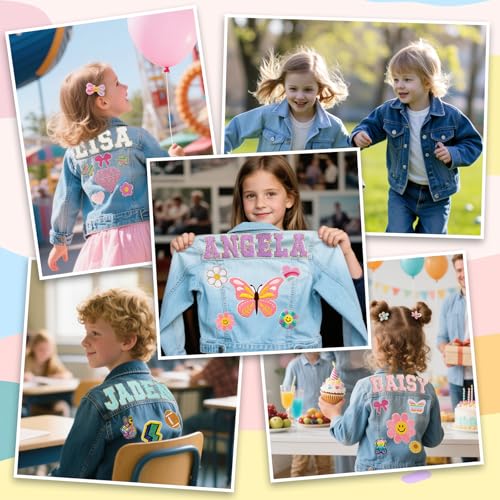 Personalized Kids Patch Denim Jacket with Names, Custom Long Sleeve Jean Jacket, Back to School Brithday Easter Gifts for Toddlers, 1-8 Years Old Girls Clothes, Girls Spring Outfits2