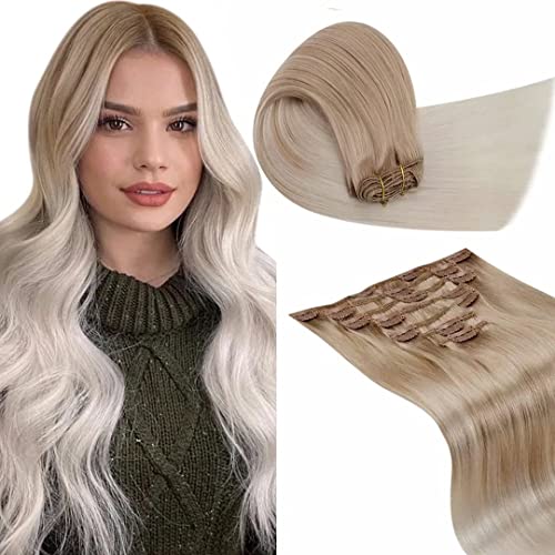 Ugeat Hair Extensions Clip in Human Hair Balayage Blonde Hair Extensions Ash Blonde with Platinum Blonde Hair Extensions 7 Pieces Clip in Remy Human Hair 16 Inch 100 Grams
