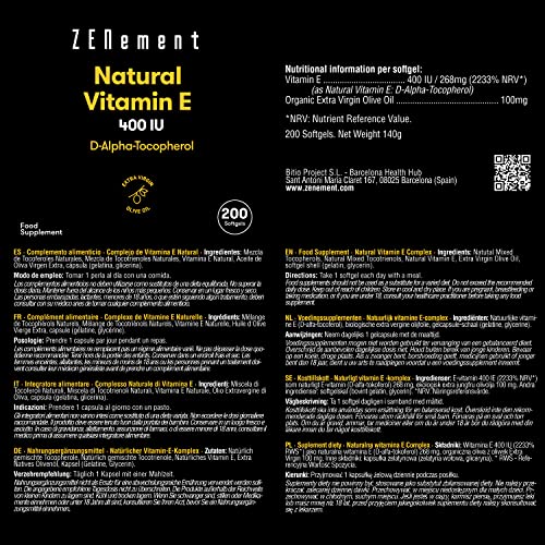 Natuurlijke Vitamine E - 400 IE, (D-Alfa-Tocoferol), 200 Softgel | met Biologische Extra Vergine Olijfolie | Antioxidant… - Image 3