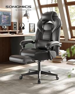 SONGMICS Chaise de Jeu, Chaise d'Ordinateur, Ergonomique, avec Repose-Pieds, Coussin de Tête Ajustable, Support Lombaire, Capacité de Charge de 150 kg, Noir OBG077B01