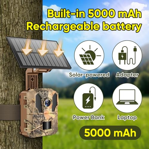 MYPIN Wildkamera 4K 64MP, Solar WLAN Jagdkamera mit Nachtsicht, 5000mAh Akku, IP66 Wasserdicht, Bewegungssensor, 64GB Speicherkarte