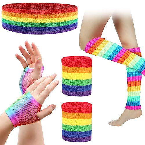 SPOKKI Leg Warmers Fishnet Gloves Headband Wristbands Neon Set, 80s Women Fancy Dress Costume Accessories