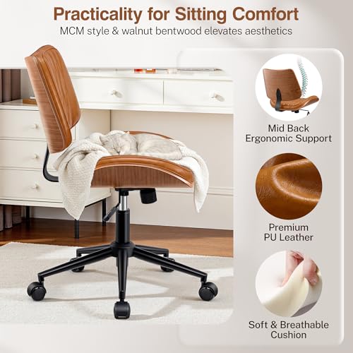 Image of Ergonomic Armless Office Desk Chair - Mid-Century Retro Orange Faux Leather with Diamond Stitch, Adjustable Height Swivel Rolling Task Computer Chair with Walnut Accent for Home Office, Study & Work