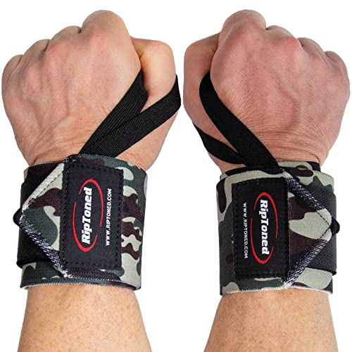 Wrist Wraps by Rip Toned - 18" Professional Grade With Thumb Loops - Wrist Support Braces for Men & Women - Weight Lifting, Xfit, Powerlifting, Strength Training - Bonus Ebook (green camo)