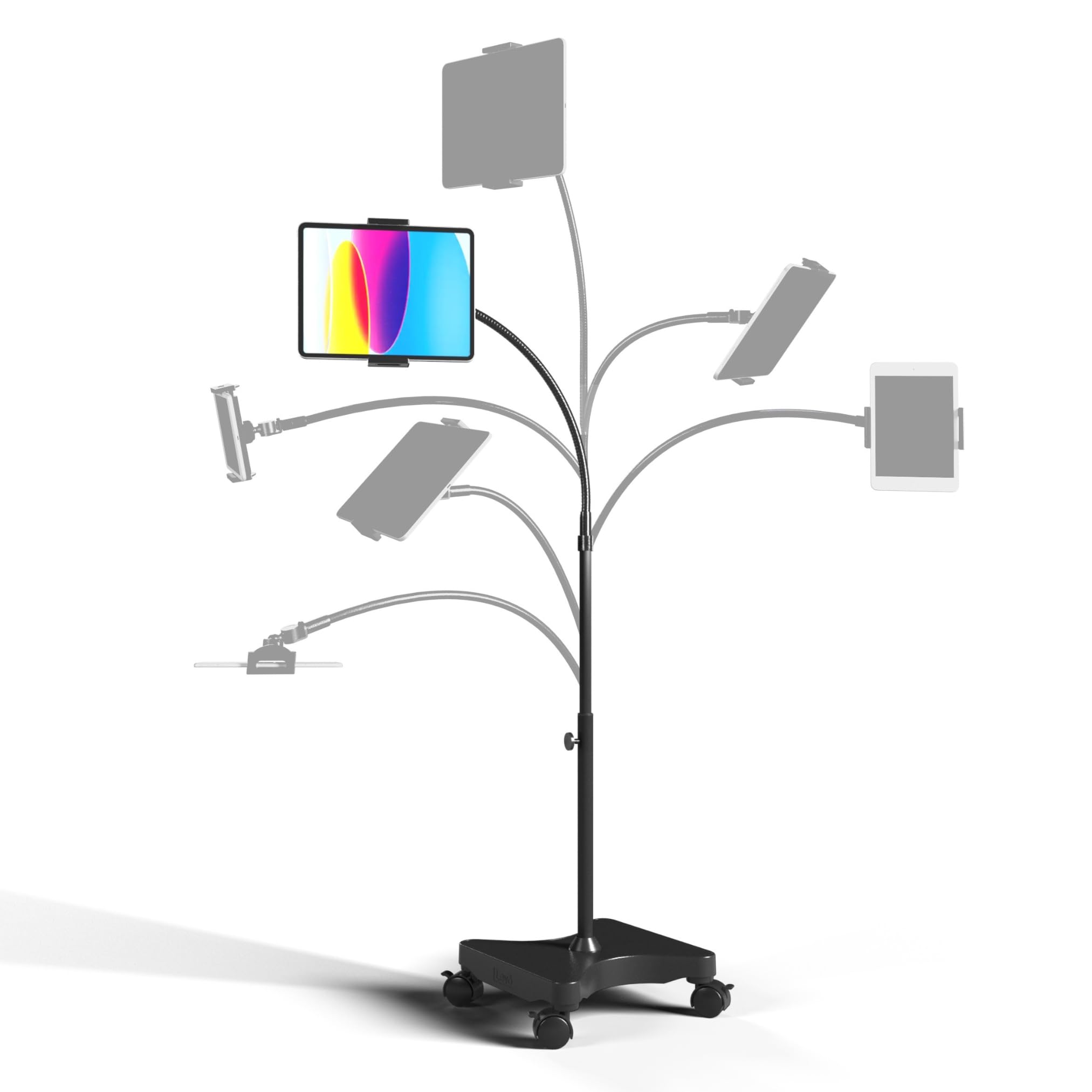 Adjustable Height Floor Stand on Wheels for Tablet & Phone - Gooseneck Holder Mount with Stable Base - Compatible with All Cell Phones & Tablets (4-13 inch) - Black with Casters