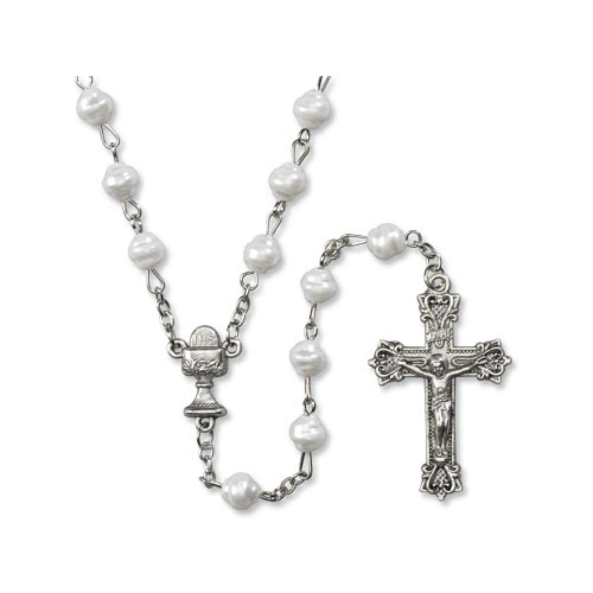 White Swirl Bead Rosary with Chalice and Crucifix, 21 Inch