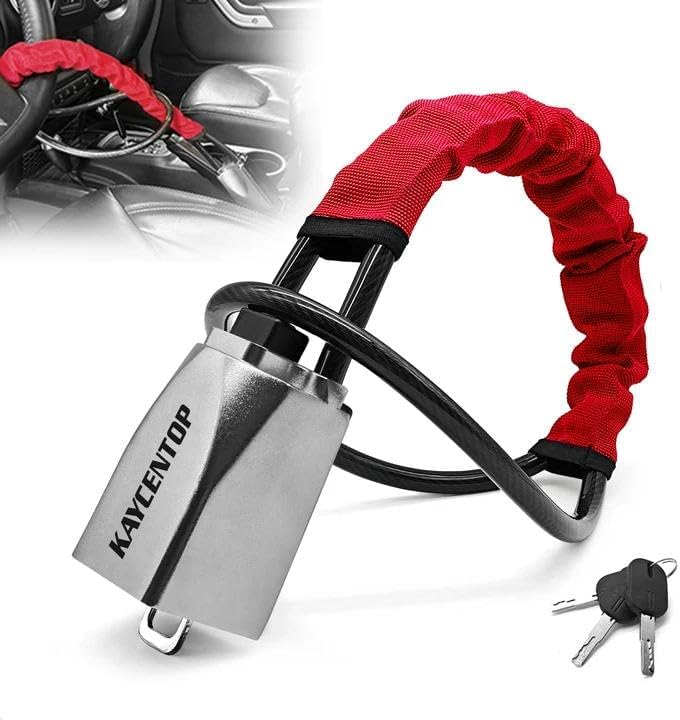 KAYCENTOP Car Steering Wheel Lock, Seat Belt Lock, Car Locks Anti-Theft Device with Aluminum Alloy Lock Housing, Max 17 Inch Length, High Visibility and Light-Weight, Universal Fit, 3Keys(Red)