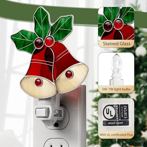 Image of Night Lights Plug into Wall Christmas Red Bell for Home Decor | Stained Glass Night Light Plug in,7W Warm Light,Switch-On /Off for Adult Kids Room Bathroom Gifts for Mom Grandkids Christmas